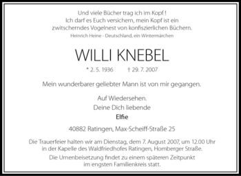 Traueranzeige von Willi Knebel von Tageszeitung
