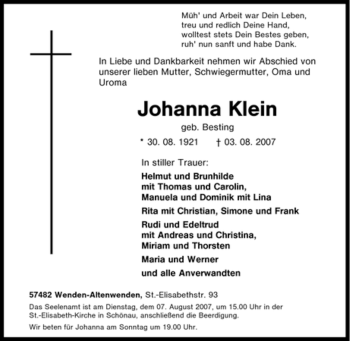 Traueranzeige von Johanna Klein von Tageszeitung