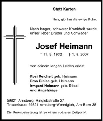 Traueranzeige von Josef Heimann von Tageszeitung