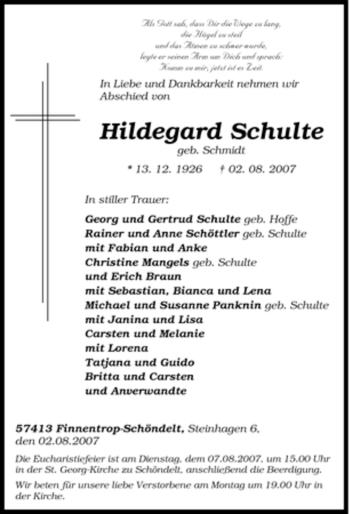 Traueranzeige von Hildegard Schulte von Tageszeitung