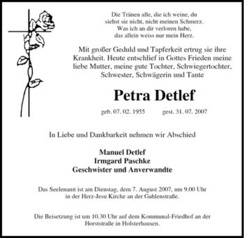 Traueranzeige von Petra Detlef von Tageszeitung