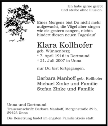 Traueranzeige von Klara Kollhofer von Tageszeitung
