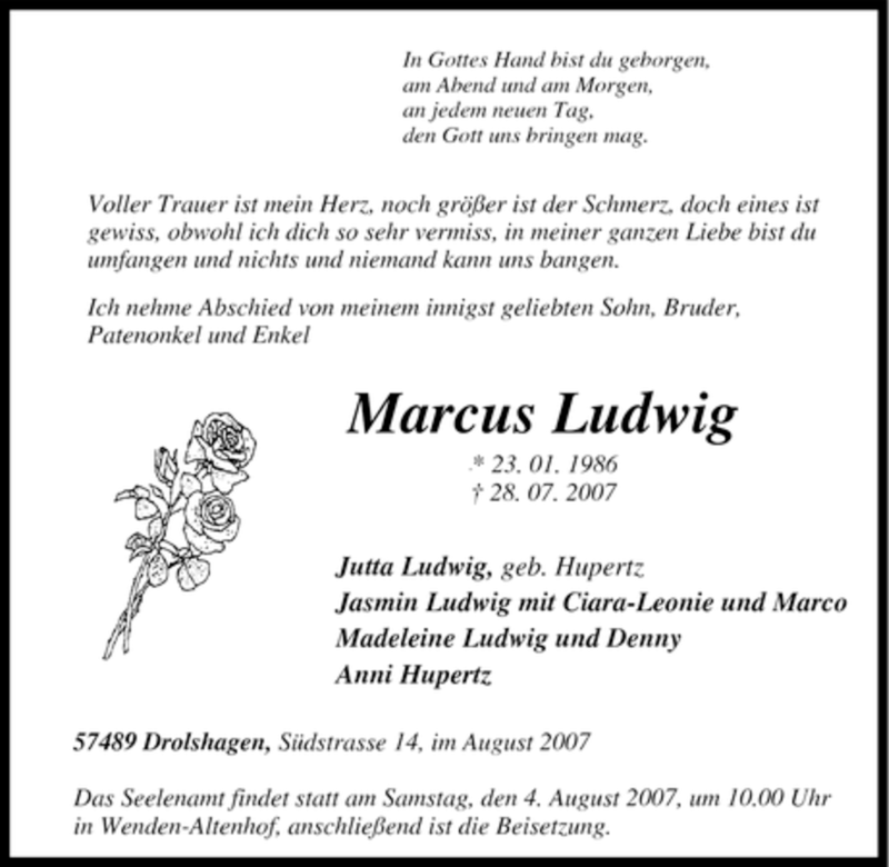  Traueranzeige für Marcus Ludwig vom 04.08.2007 aus Tageszeitung