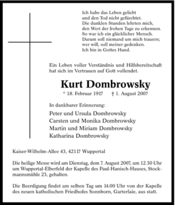 Traueranzeige von Kurt Dombrowsky von Tageszeitung
