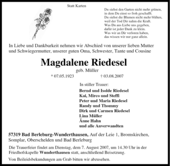 Traueranzeige von Magdalene Riedesel von Tageszeitung