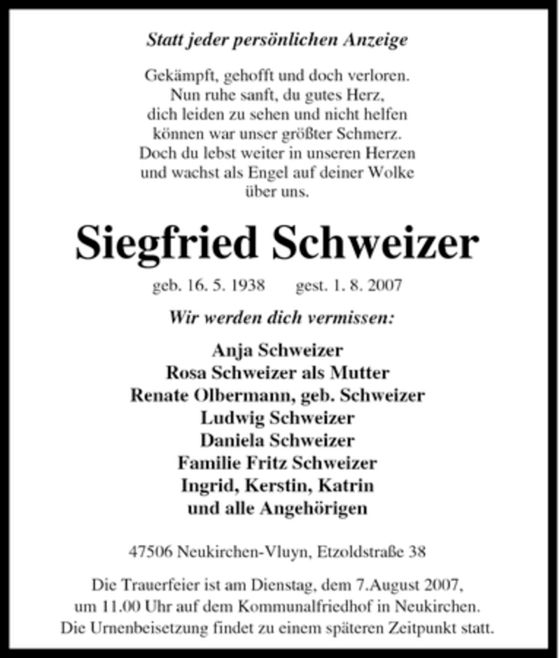  Traueranzeige für Siegfried Schweizer vom 04.08.2007 aus Tageszeitung