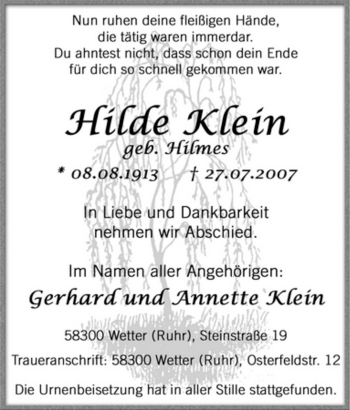 Traueranzeige von Hilde Klein von Tageszeitung