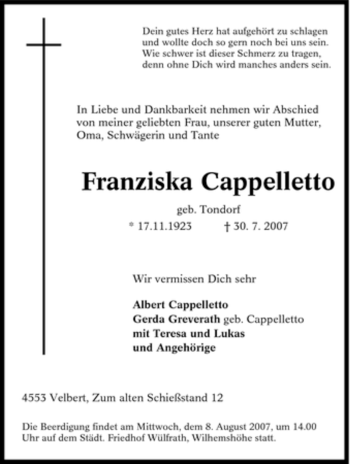 Traueranzeige von Franziska Cappelletto von Tageszeitung
