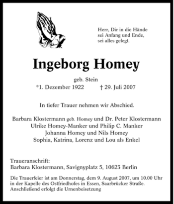 Traueranzeige von Ingeborg Homey von Tageszeitung