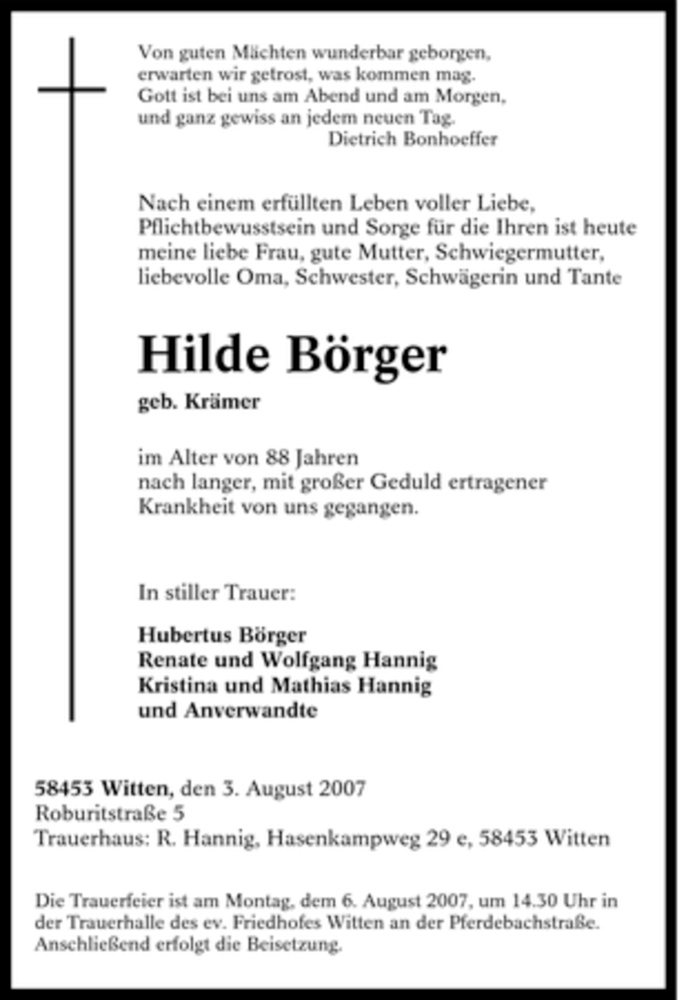  Traueranzeige für Hilde Börger vom 04.08.2007 aus Tageszeitung