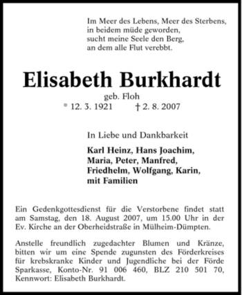 Traueranzeige von Elisabeth Burkhardt von Tageszeitung