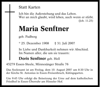 Traueranzeige von Maria Senftner von Tageszeitung