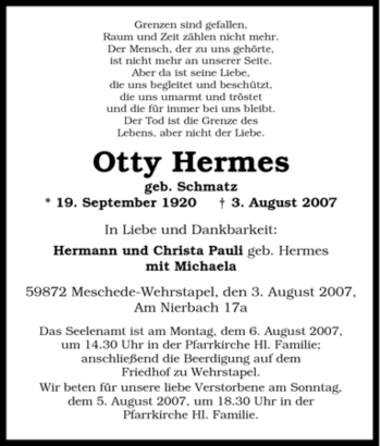 Traueranzeige von Otty Hermes von Tageszeitung