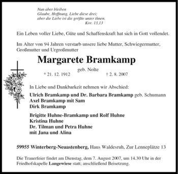 Traueranzeige von Margarete Bramkamp von Tageszeitung