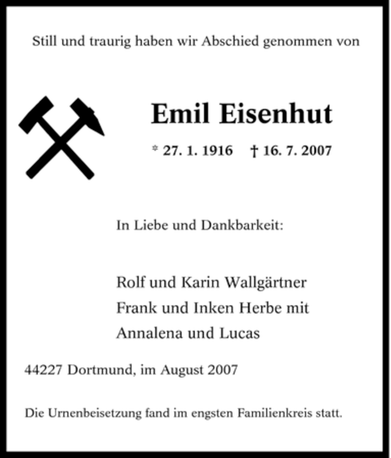  Traueranzeige für Emil Eisenhut vom 04.08.2007 aus Tageszeitung