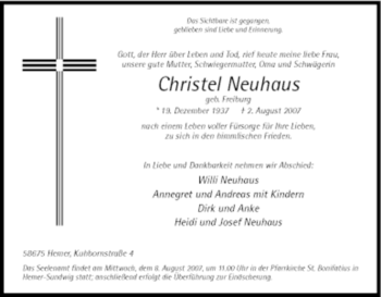 Traueranzeige von Christel Neuhaus von Tageszeitung