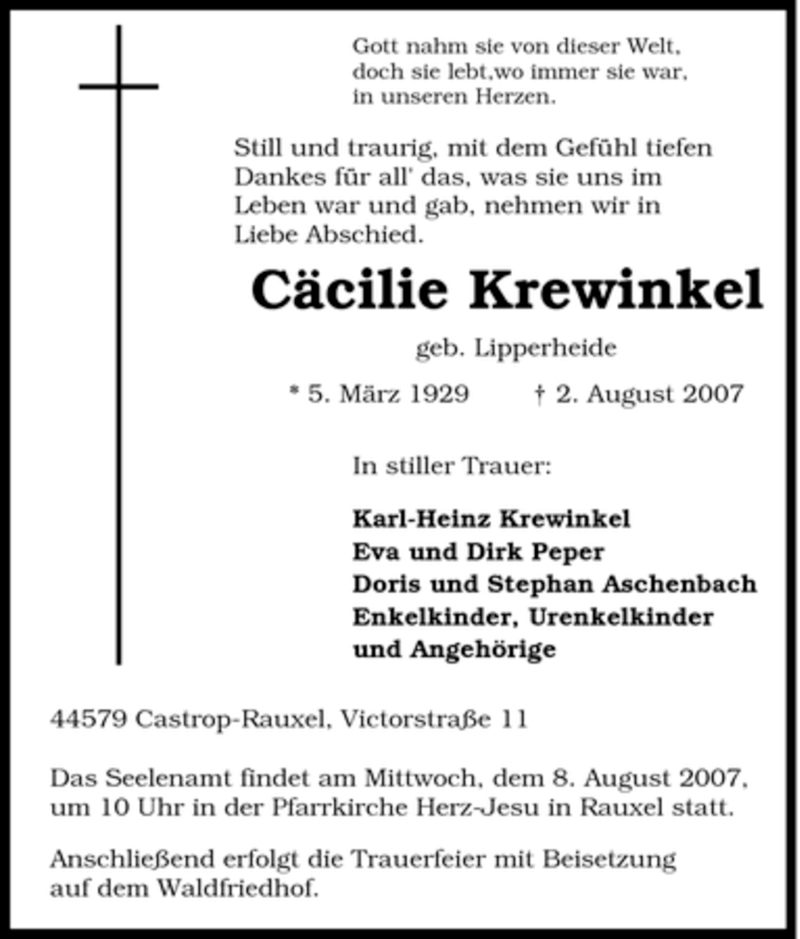  Traueranzeige für Cäcilie Krewinkel vom 04.08.2007 aus Tageszeitung