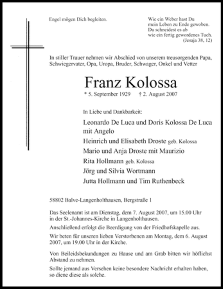  Traueranzeige für Franz Kolossa vom 04.08.2007 aus Tageszeitung