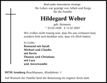 Traueranzeige von Hildegard Weber von Tageszeitung