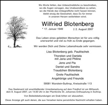 Traueranzeige von Wilfried Blotenberg von Tageszeitung