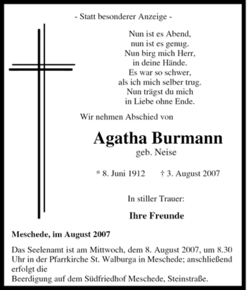  Traueranzeige für Agatha Burmann vom 06.08.2007 aus Tageszeitung