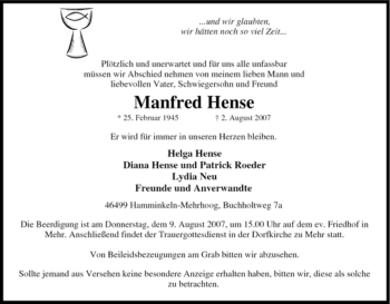 Traueranzeige von Manfred Hense von Tageszeitung