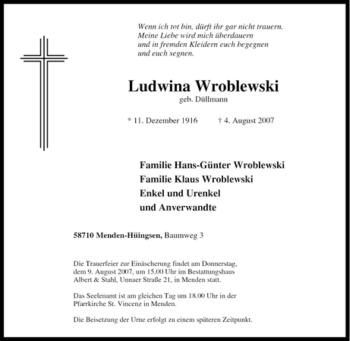 Traueranzeige von Ludwina Wroblewski von Tageszeitung