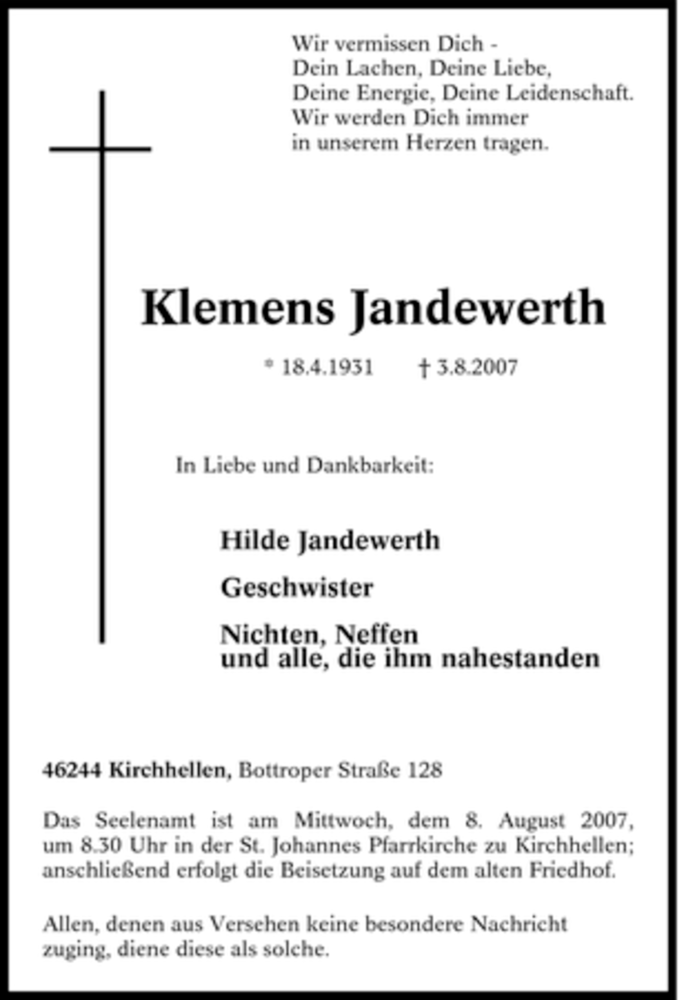  Traueranzeige für Klemens Jandewerth vom 06.08.2007 aus Tageszeitung