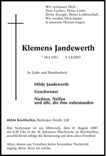 Traueranzeige von Klemens Jandewerth von Tageszeitung