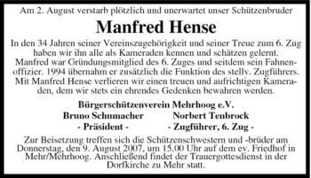 Traueranzeige von Manfred Hense von Tageszeitung