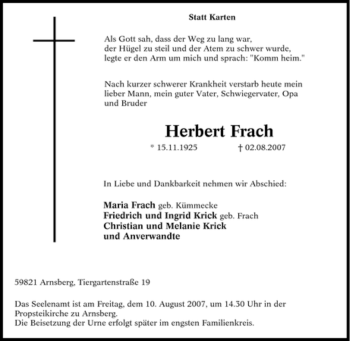 Traueranzeige von Herbert Frach von Tageszeitung