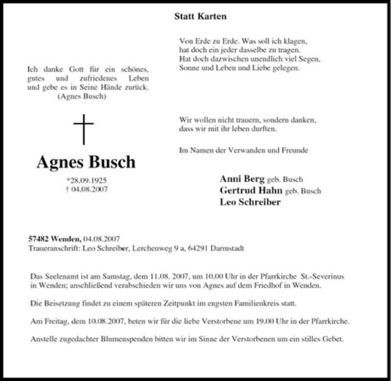  Traueranzeige für Agnes Busch vom 06.08.2007 aus Tageszeitung
