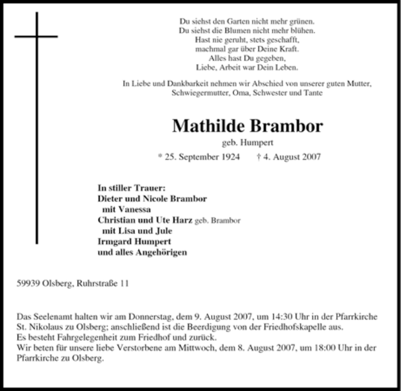  Traueranzeige für Mathilde Brambor vom 06.08.2007 aus Tageszeitung