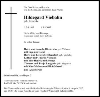 Traueranzeige von Hildegard Viebahn von Tageszeitung