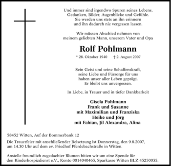 Traueranzeige von Rolf Pohlmann von Tageszeitung