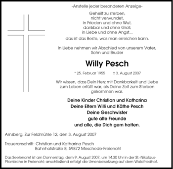 Traueranzeige von Willy Pesch von Tageszeitung