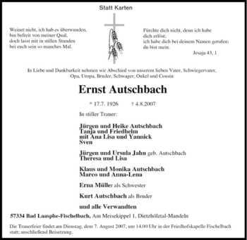 Traueranzeige von Ernst Autschbach von Tageszeitung