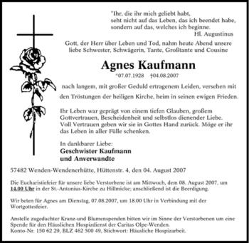 Traueranzeige von Agnes Kaufmann von Tageszeitung