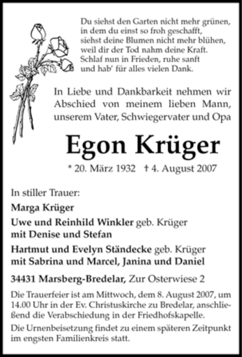 Traueranzeige von Egon Krüger von Tageszeitung