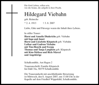 Traueranzeige von Hildegard Viebahn von Tageszeitung
