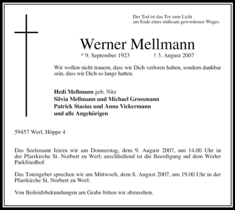  Traueranzeige für Werner Mellmann vom 06.08.2007 aus Tageszeitung