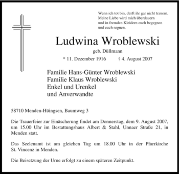Traueranzeige von Ludwina Wroblewski von Tageszeitung