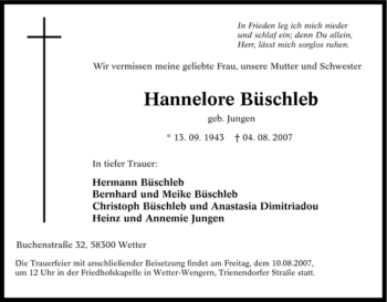 Traueranzeige von Hannelore Büschleb von Tageszeitung