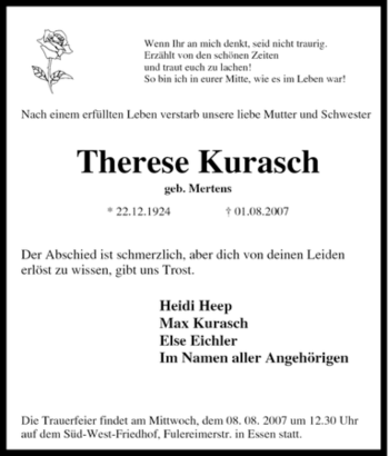 Traueranzeige von Therese Kurasch von Tageszeitung