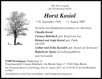 Traueranzeige von Horst Kosiol von Tageszeitung