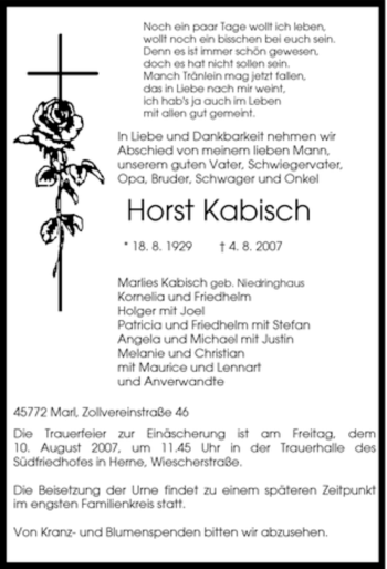 Traueranzeige von Horst Kabisch von Tageszeitung