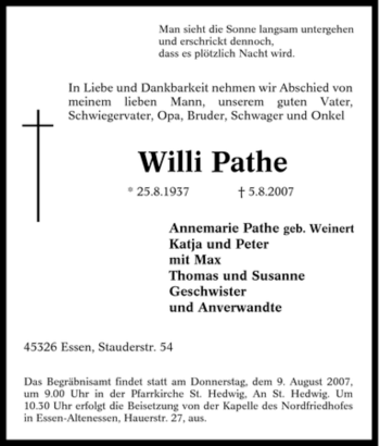 Traueranzeige von Willi Pathe von Tageszeitung