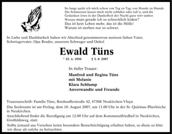 Traueranzeige von Ewald Tüns von Tageszeitung