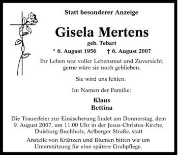 Traueranzeige von Gisela Mertens von Tageszeitung