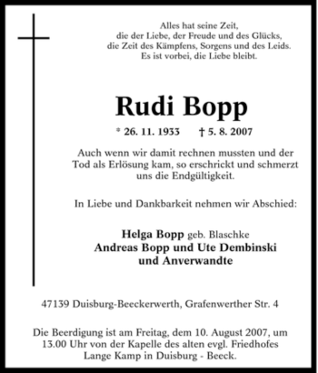 Traueranzeige von Rudi Bopp von Tageszeitung